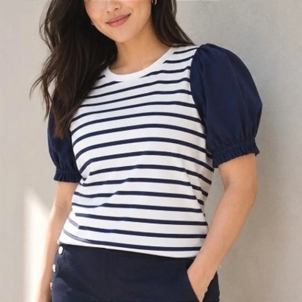 Kate Spade New York Navy White Striped Puff Sleeve Nautical Coastal Preppy XS